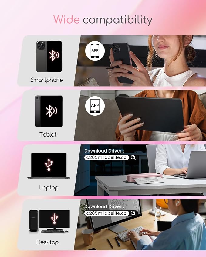 Portable Printers Wireless for Travel, A285M Bluetooth Inkless Thermal Printer Support 8.5" X 11" & A4 Thermal Paper, Small Mobile Printer Compatible with iPhone Android Laptop for Home Receipt, Pink