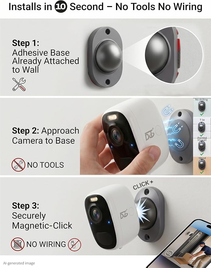 DCT Magnetic Security Camera Outdoor: 10s 3M No-Drill Mount – for Renters | | 8-Level Windproof with Drill-Like Stability – Peace of Mind at Front Door/Backyard/Garage – Wireless Easy Setup