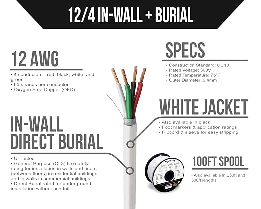 Voltive 12/4 Speaker Wire, in-Wall CL3 & Direct Burial, White, 100ft - 12AWG, 4 Conductors, Stranded Oxygen-Free Copper, UL Listed - V-1207-2