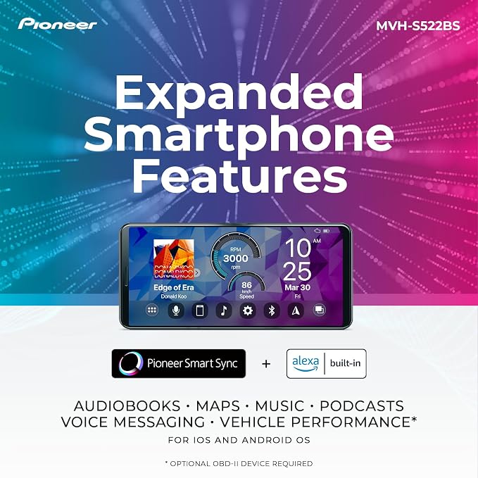 Pioneer MVH-S522BS 1-Din Digital Media Receiver – Bluetooth, SiriusXM, Color Change, USB, FLAC, Voice Control, 50W x 4 Output, 13-Band EQ, AM/FM Radio, iPhone/Android Compatible, Hi-Volt RCA Preouts