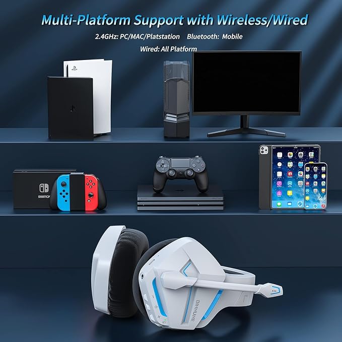 BINNUNE Wireless Gaming Headset for PS5 PC, 120H Ultra-Long Battery, 2.4GHz & Bluetooth 5.3 Wireless Headphones with Noise Canceling Mic, 50mm Drivers, Comfort Over Ear Gaming Headphones,White