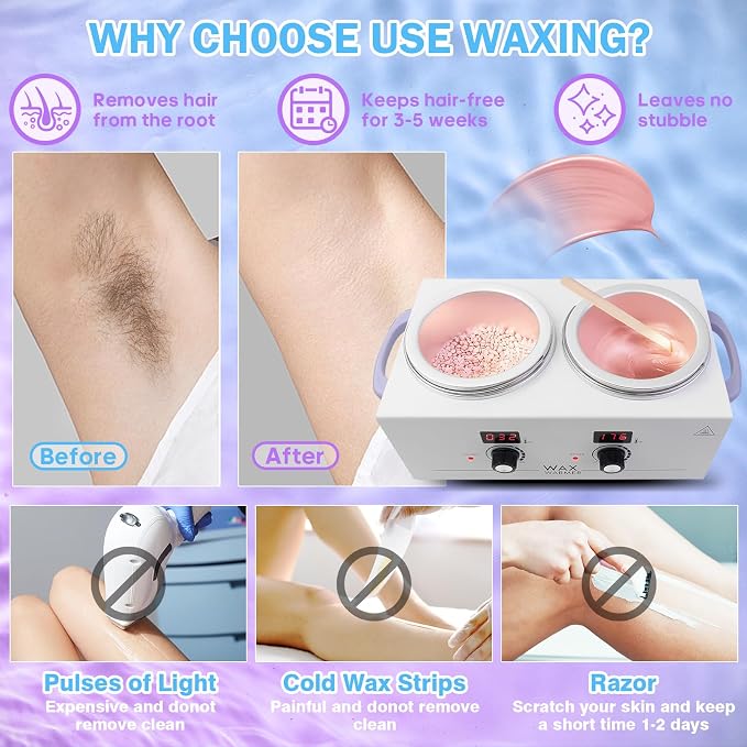 Portable Wax Warmer Machine for Painless Hair Removal, Women Men Professional Wax Heater with Adjustable Temperature Set, 20pcs Sticks (White - Double Pots-Digital)