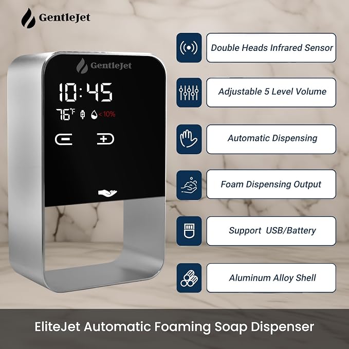 GentleJet EliteJet Automatic Foaming Soap Dispenser Touchless Sensor, LED Display, 5 Foam Levels, Wall Mount or Countertop, Rechargable USB-C or Battery Powered, Aluminum Alloy, 480 ml Refillable