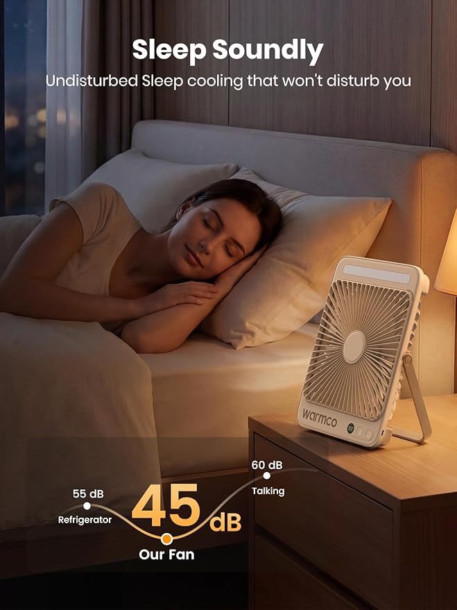 Warmco D4 Battery Powered Camping Fan 20000mAh, LED Lantern | Up To 48H Runtime, Ultra-Slim Quiet 8-Inch Fan, Digital Display & Hook For Tent, Bedroom, Outdoor & Travel