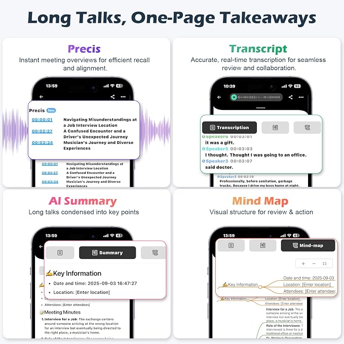 AI Voice Recorder with Transcribe Summarize: AI Noise Reduction Speaker Separation App Control 118 Languages 64GB Storage - AI Notetaker for Students Managers - Meetings Lectures Interviews