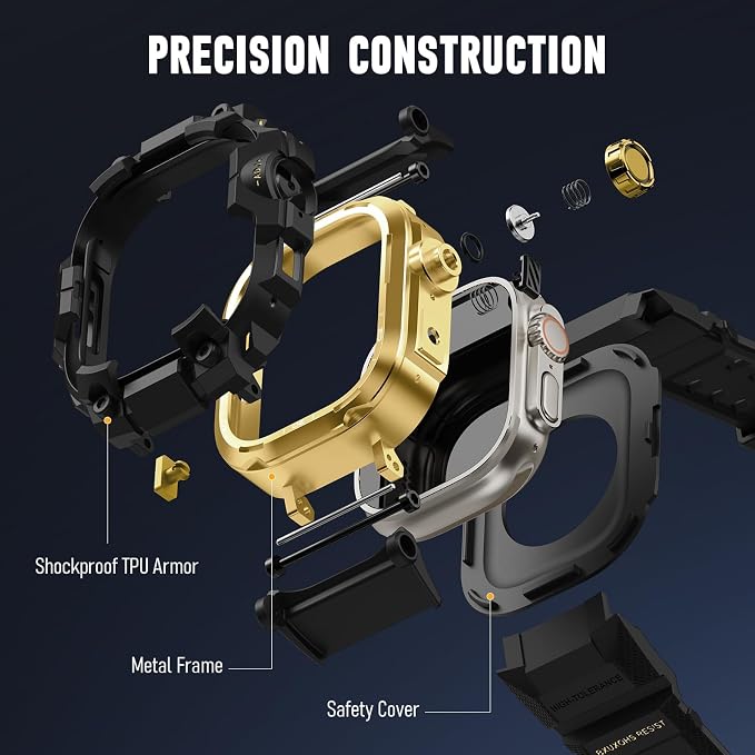 BXUXOHS Rugged Case and Band for Apple Watch 45mm Men, Compatible with Apple Watch Series 9/8/7, Military Grade Shockproof Bumper Cover, Tactical Band Case for iWatch 9/8/7 Man, Gold