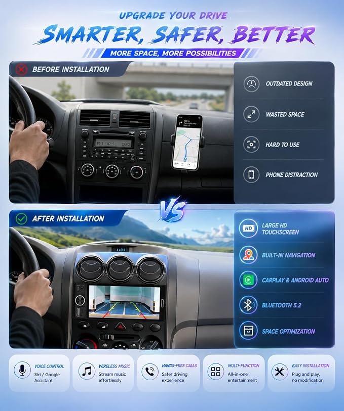 6.5" Wireless Single Din Car Stereo with Apple CarPlay, 720x1280 HD in-Cell Touchscreen, FM Radio with Bluetooth 5.2, USB & Type-C Fast Charging, SWC, Backup Camera, Android Auto, Hands-Free with Mic