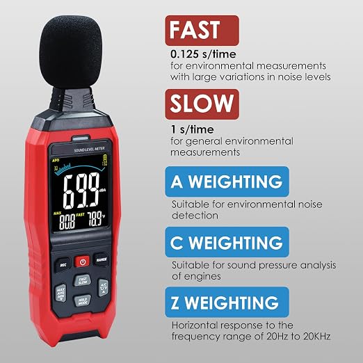 Decibel Meter Data Logger Digital Sound Level Meter with Alarm, A/C/Z Weighting dB SPL Meter 30~130dB, 1999 Data Record, Noise Measure Device with Data Hold Backlight for Home, Factory, Classroom
