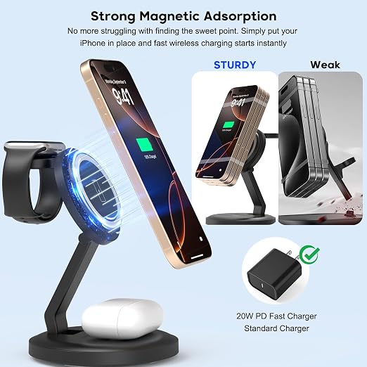 Charging Station, 3 in 1 Foldable Wireless Charger iPhone Charging Station Charger Stand Multiple Devices for Apple, with PD Adapter and USB C Cable for iPhone 17/16/15/14/13,iWatch,AirPods All Series