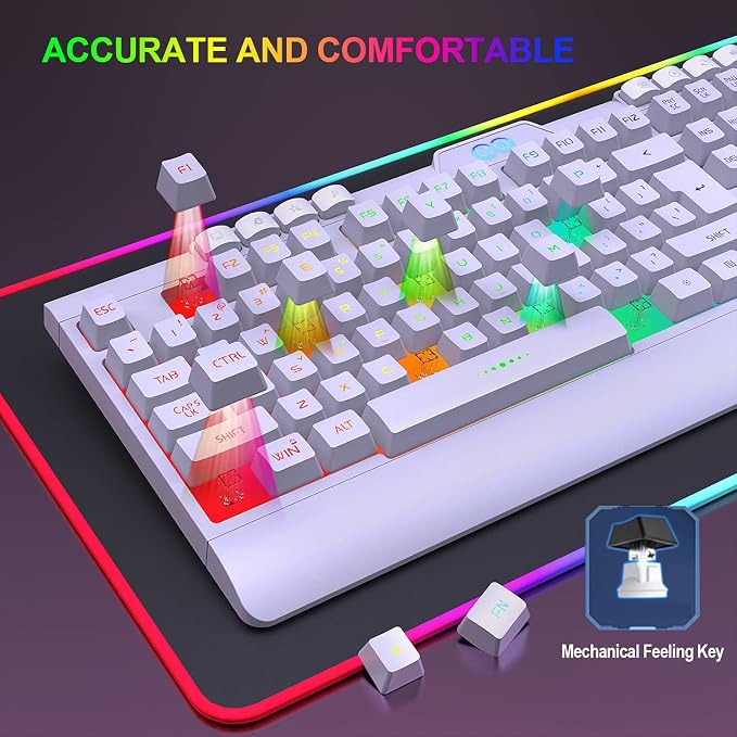 H8 Wireless Gaming Keyboard and Mouse Combo, LED Backlit Rechargeable 3800mAh Battery, Mechanical Feel Anti-ghosting Keyboard with Wrist Rest + 7D 3200DPI Mice for Windows, Mac, PC, Laptop