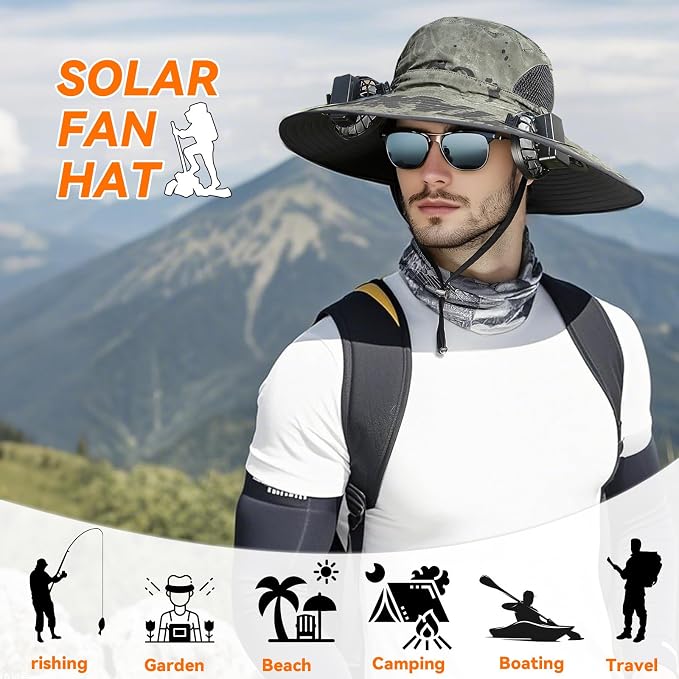 Solar Fan Hat, Wide Brim Sun Hat with 2 Built-in Solar Fans, UPF 50+ Sun Protection Outdoor Fishing Hiking Camping Beach