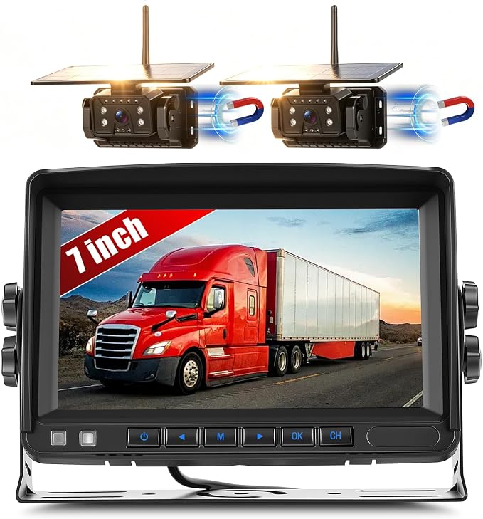 Dual Magnetic Solar Wireless Backup Cameras with 7'' HD 720P Monitor System, 1-Min Install-Free IP69 Waterproof Night Vision Reverse Camera for Trailer/Truck/RV/Camper/Tractor