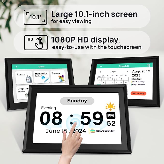Touchscreen Digital Calendar Day Clock for Seniors 10.1 Inch, Voice Alarm | Medication Reminder | WiFi Accurate Time, Customizable Gift for Elderly or Dementia Alzheimers - Black