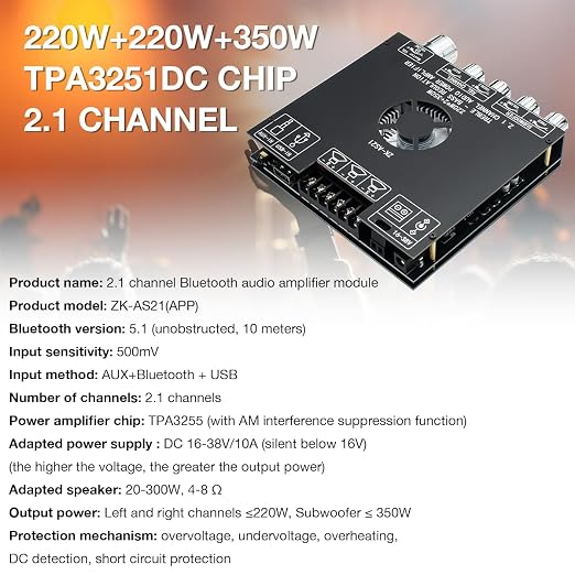 ZK-AS21 TPA3255 Bluetooth 5.1 Power Amplifier Board HiFi 2.1 Channel 220Wx2+350W Digital Audio Receiver AMP Board with Treble and Bass Control for DIY Speakers