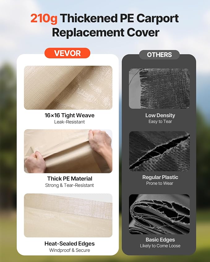 VEVOR Carport Replacement Canopy Cover, 12 x 20 ft Potable Garage Tent Top Tarp, UV-Resistant & Waterproof Car Shelter Tarp, Heavy Duty Car Port Cover with Ball Buggees, Beige, Frame Not Included
