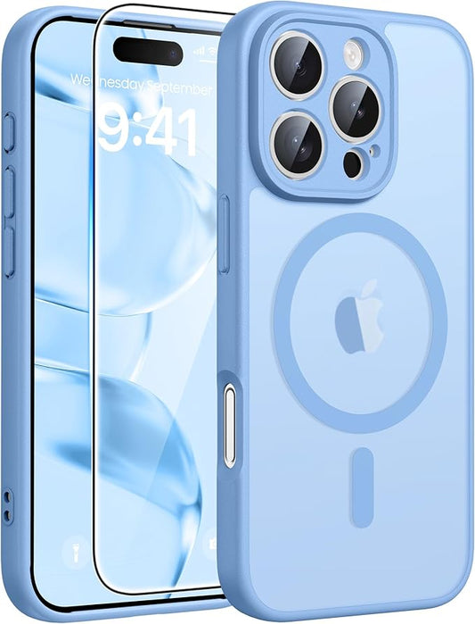 FNTCASE for iPhone 16 Pro Case: [Compatible with Magsafe] Translucent Matte Cases with [Full Camera Protection] [Screen Protector] Military Grade Shockproof Protective Phone Cover - Light Blue