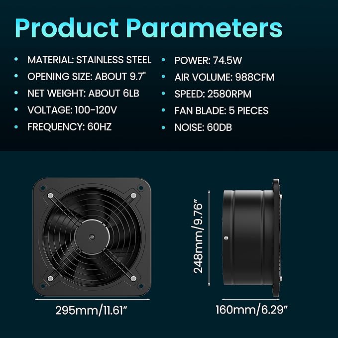 HG Power 10 Inch Exhaust Fan with Speed Controller, 988 CFM Kitchen Exhaust Fan with Damper, Metal Extractor Fan for Window, Attic, Ceiling, Basement Ventilation