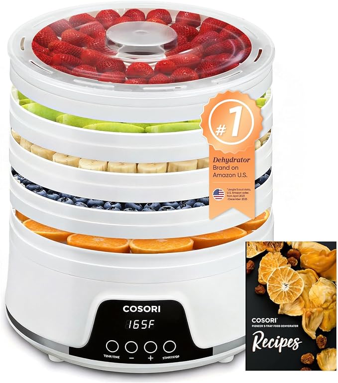 Cosori Food Dehydrator Machine for Jerky, 5 BPA-Free Trays with 165°F Temperature Control and 48H Timer, 350W Dryer for Fruit, Herbs, Meat, Veggies and Dog Treats, 50-Recipes Book Included