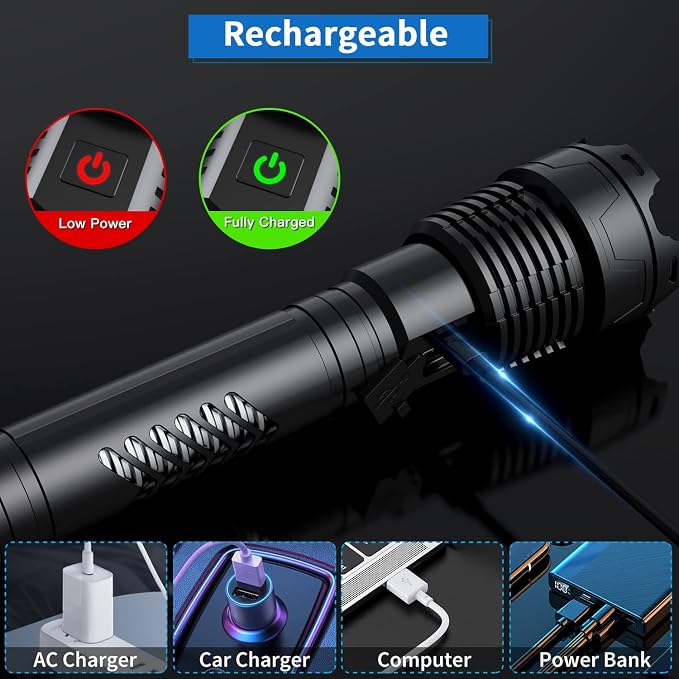 Weoxi Rechargeable Flashlights High Lumens, 100000 Lumens Super Bright Flashlights with Long Handle, 5 Modes & Zoomable, Waterproof Powerful Handheld Flashlight for Camping Emergency