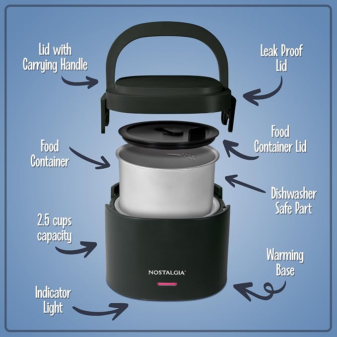 Nostalgia Portable Heated Lunch Box – 2.5-Cup Stainless Steel Food Warmer – Detachable Cord, Leak-Proof Lid, Carry Handle – Portable for Work & Travel – Black Berry