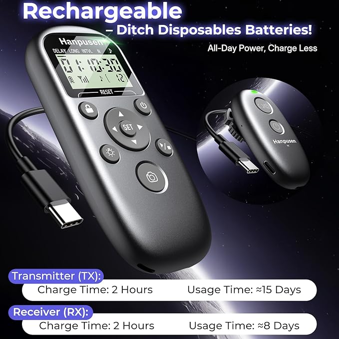 Rechargeable Wireless Intervalometer Shutter Release for Sony Cameras - Time-Lapse, Star Trails, Interval & BULB Exposure Remote with OLED Display for Sony A7 IV/A7 III/A6700/FX3/FX30/A6400/A6100/ZV-1
