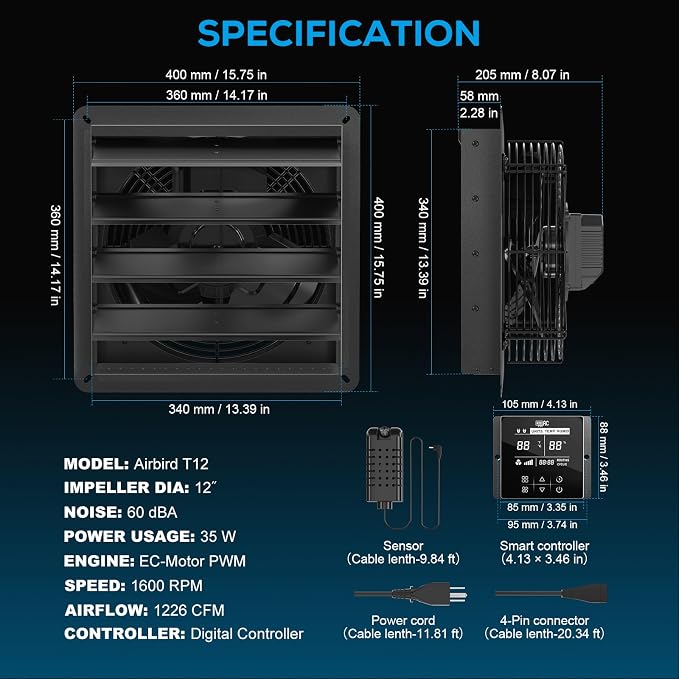 12 Inch Shutter Exhaust Fan, 1226 CFM Wall Mounted Attic Fan with Temperature Humidity Controller, Automatic Shutter, Ventilation and Cooling for Greenhouse, Garage, Studios, Workshops