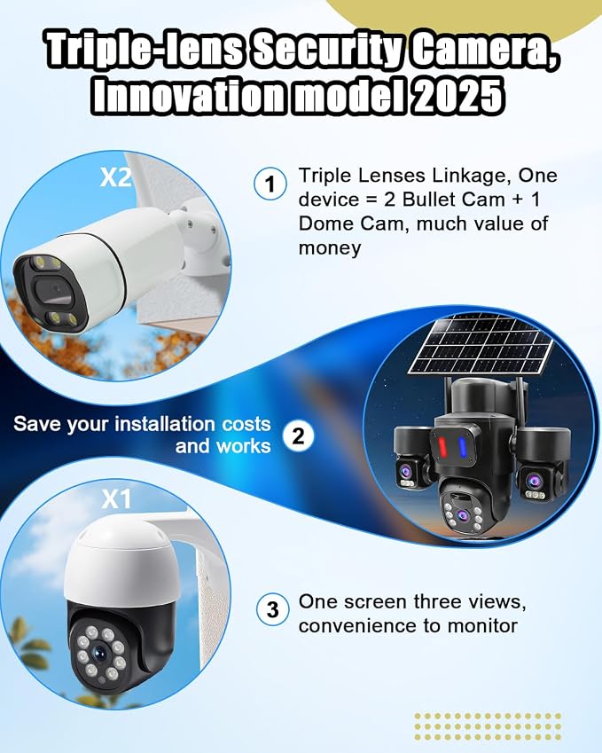 Triple-Lens Solar Security Camera Wireless for Outdoor Use | Triple-Lens Linkage PTZ 360º Coverage, Color Night Vision, PIR Motion Detection,Two-Way Audio, No Subscription Fee