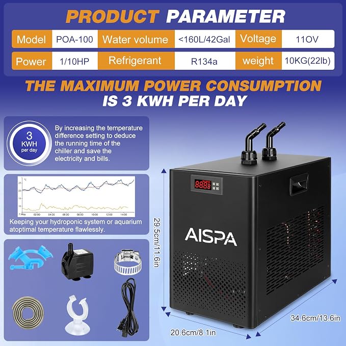 Aquarium Chiller 1/10 HP, 42GAL Fish Tank Water Chiller | Quiet Compressor Refrigeration, Titanium Evaporator, Precise Temp Control