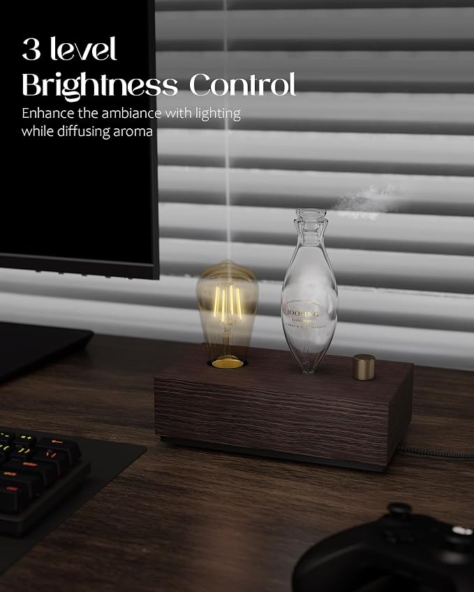 Waterless Essential Oil Diffusers with Rechargeable Battery & 9H Runtime, Aromatherapy Diffusers with Bulb, Scent Diffusers Premium Wood & Glass Nebulizer Cordless for Large Home, Hotels, Rooms