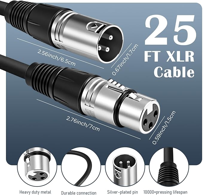 Copkim 6 Pack 25 ft Bright XLR Cables 3 Pins Balanced XLR Microphone Cable to Male to Female Mic Cable for Microphone, Mixer, Recording Studio, Podcast(Black)