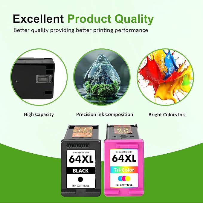 64XL 64 Black and Color Ink Cartridge Combo Pack Envy 7855 7900e for HP Printers Envy Photo 7855 7858 7155 7800 Inspire 7900e Series 7200e 7255e Tango 64 XL (2-Pack,Black,Tri-Color)