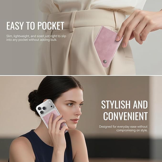 Slim PU Leather RFID Magnetic Wallet for Men and Women, Minimalist Magnet Card Holder Phone Wallet Compatible with Magsafe for Apple iPhone 17 16 15 14 13 12 Series, Retro Pink