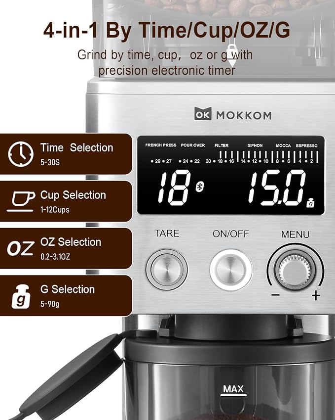 MOKKOM Electric Conical Burr Coffee Grinder with Removable Coffee Scale, Anti-static Coffee Bean Grinder, 31 Grind Settings and Precision Timer for Espresso Pour Over, French Press Stainless Steel