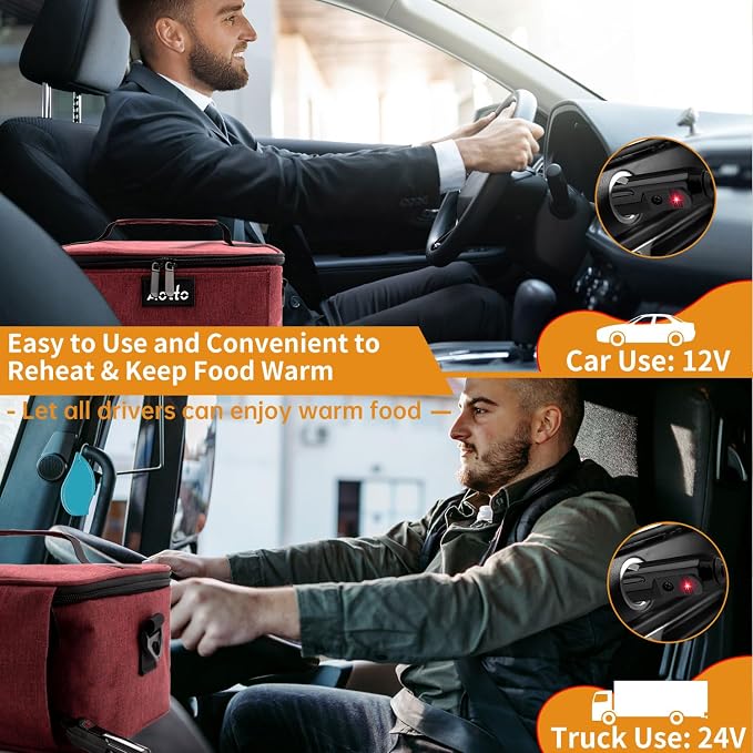 Aotto Heated Lunch Box Food Warmer - 12V/24V 2-in-1 Car Food Warmer with Vehicle Plug - Mini Portable Electric Lunch Box Heater for Men and Women - Reheat & Keep Meals Warm On the Go - Red