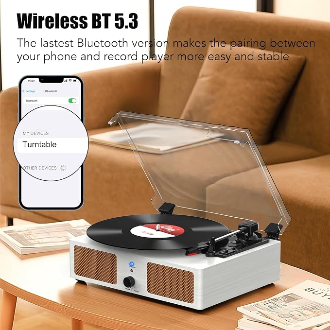 Vinyl Record Player with Built-in Speakers and USB,Belt-Driven Bluetooth Turntable with 3 Speed AUX Input Headphone Jack and RCA Output Vintage Wooden White