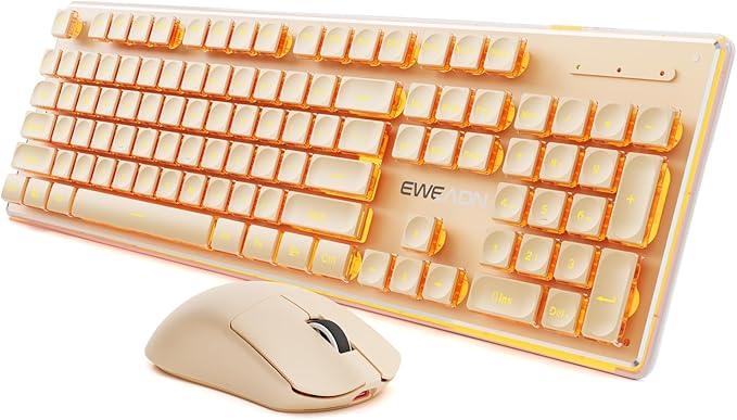 Wireless Keyboard and Mouse Combo with Warm Backlit Pudding Keycaps, Bluetooth & 2.4G, 2000mAh Rechargeable, Full Size, Metal Panel Quiet Computer Keyboard Set for Windows PC Desktop - Rose Gold