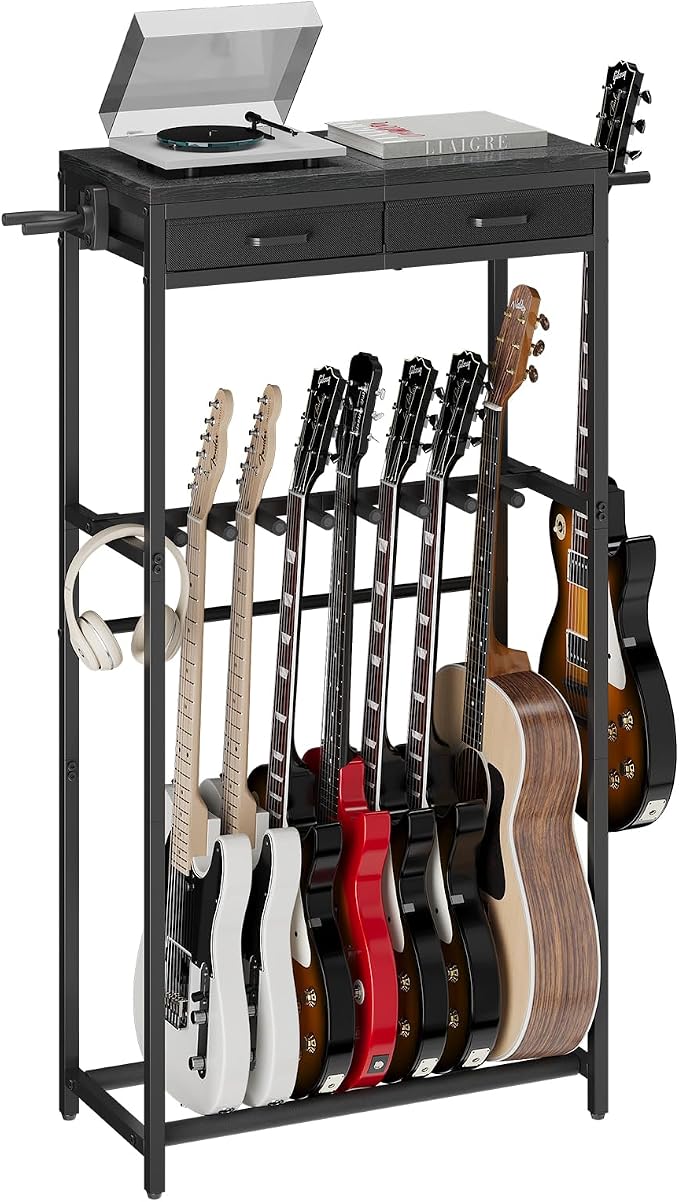 ELYKEN Guitar Stand, Guitar Rack with 2 Hangers and Storage Drawers for Guitar Accessories, Multiple Guitar Holder for Acoustic Electric Guitar, Bass, Ukulele, Instrument, Music Studio, Black