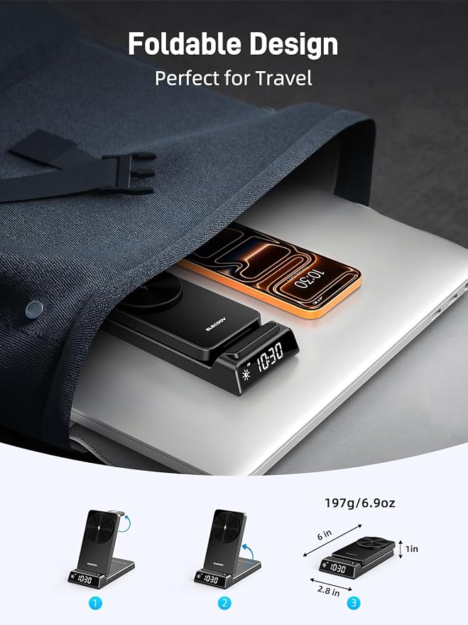 3 in 1 Charging Station for Apple, ELECDOV Magnetic Charger for iPhone, Foldable Wireless Charger with Clock, Travel Watch Charger Stand for iPhone 17/Air/16/15 Series, iWatch 10/AirPods 4 (Black)