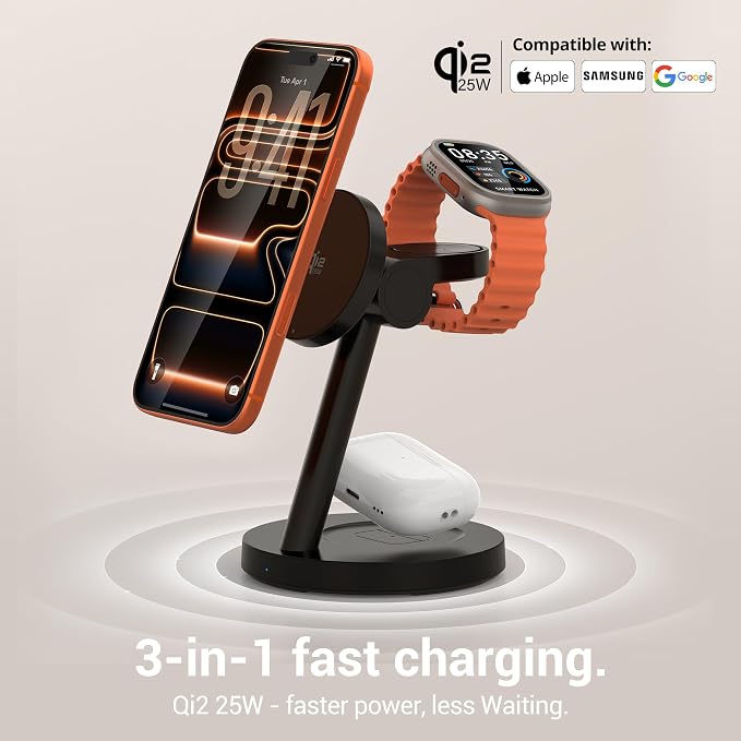 Qi2 25W 3 in 1 Fast Charging Station for Apple and Samsung | 2-year warranty, MagSafe, 18.5° tilt adjustment, 45W PD adapter, ideal for home office desk multi device