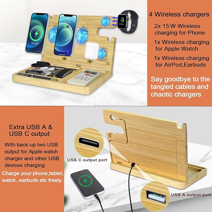 Wood Phone Docking Station 2 Phone Wireless Charging Station Nightstand Organizer for Men 27W Fast Charging Bamboo Wireless Charger for iPhone Android Phone iWatch Earbuds Birthday Gifts for Men