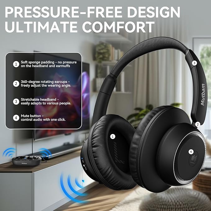 Wireless Headphones for TV, TV Headphones Wireless for Seniors with Charging Dock, 65H Playtime, Low Latency, Plug-Play, Optical RCA AUX Bluetooth, Assistive Hearing Headset, Gifts for Elderly
