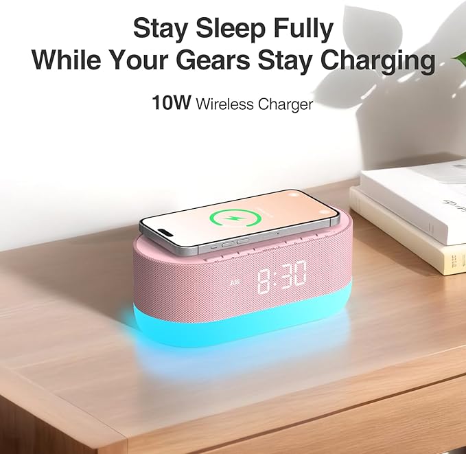 HOUSBAY Sound Machine with Alarm Clock for Bedrooms, Dual Speakers, 21 HiFi Sounds, 10W Wireless Charger, Unlimited Sound, Bluetooth, 10 Night Light, White Noise Machine for Sleeping, Pink