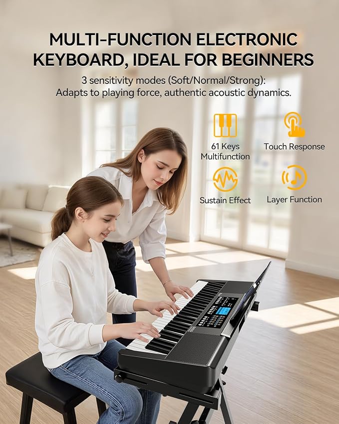 Rhymo 61 Key Electronic Piano Keyboard for Beginners with 450 Tones, 120 Demo, 150 Rhythms, Touch-Sensitive Full Size Portable Keyboard Piano Includes Sheet Stand, Earbuds, Note Stickers