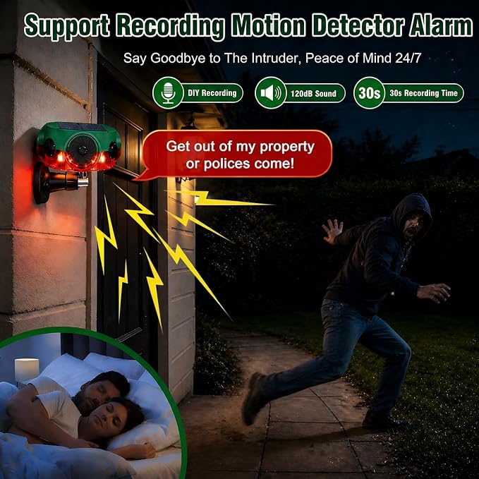 ChunHee Outdoor Motion Sensor Alarm, Barking Dog Alarm with 360° Detection, Supports Voice Recording, Adjustable Volume, 120dB Motion Activated Alarm for Home, Garden, Yard, Farm – 1 Pack