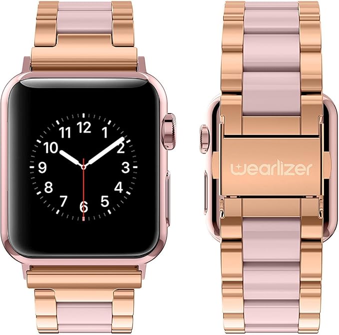 Wearlizer Compatible with Apple Watch Band 38/40/41/42mm Fashion Wristbands Women, Stainless Steel + Resin Metal Replacement for iWatch Series 11 10 9 8 7 6 5 4 3 SE/Ultra 3 2 1-Dark Rose Gold+Pink