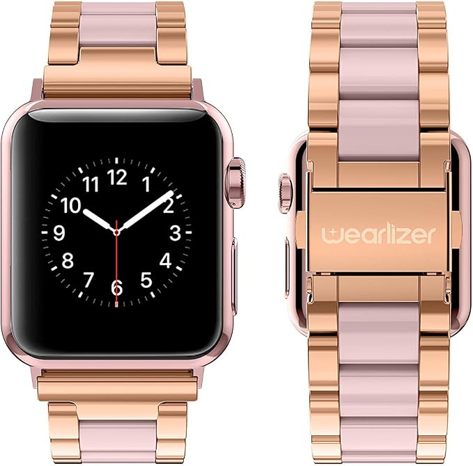 Wearlizer Compatible with Apple Watch Band 42/44/45/46/49mm Fashion Wristbands Women Stainless Steel + Resin Replacement Metal for iWatch Series 11 10 9 8 7 6 5 4 3 SE/Ultra 3 2 1-Dark Rose Gold+Pink