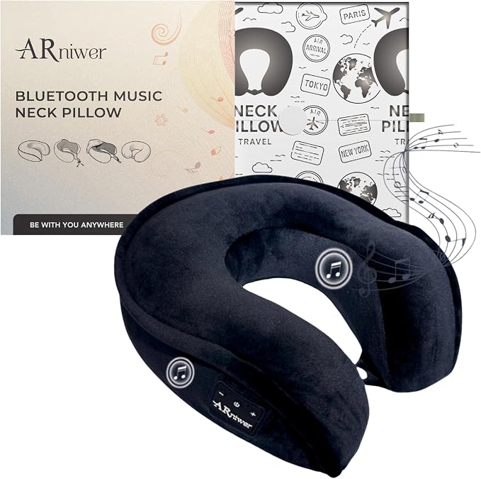 Bluetooth Music Neck Pillow Plus+ Thicker Support Wireless Bluetooth Speaker Suitable Airplane,Train,Car,Office,Outdoor Camping for Sleeping, Resting The Best Travel Essentials. (Black)
