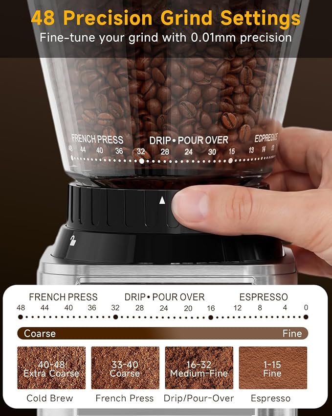 IAGREEA Conical Burr Coffee Grinder, 48 Grind Settings, 450RPM Low-Speed Anti-Static, Precision Timer, Portafilter Holder for Espresso, Drip, French Press, Cold Brew, Stainless Steel