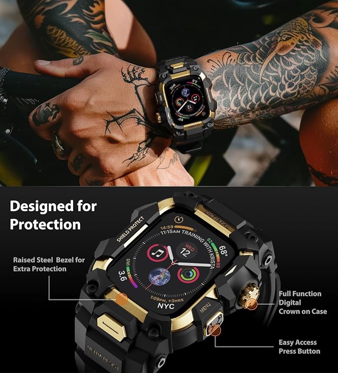 ULTIMAL Rugged Case with Band for Apple Watch 45mm, Compatible with Apple Watch Series 9/8/7 45mm, Military Grade Shockproof Bumper Cover for iWatch Tactical Band (45mm, Gold)