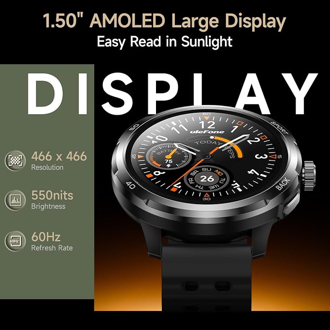 Ulefone Armor Watch Pro Military Smart Watches for Men, 1.50" AMOLED Corning Screen, 5ATM Waterproof MIL-STD-810H, 100+ Sports Modes/GPS/AI/Heart Rate/Sleep/SpO2 Monitor, Men's Fitness Tracker Watch